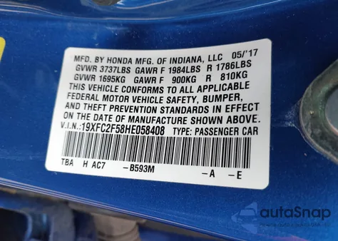 2017 Honda Civic Lx z USA, uszkodzony, nr VIN 19XFC2F58HE058408